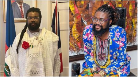 Author Onyeka Nwelue is seen in two portraits. The first image shows him wearing a white agbada with a red flower pinned to his chest, standing in front of flags and framed portraits. The second image shows him seated and smiling, dressed in a colourful patterned outfit with a blue floral jacket and traditional African accessories.