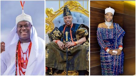 Ooni of Ife (left) dressed in white traditional attire with coral beads, Oluwo of Iwo (centre) seated on a golden throne in regal Yoruba agbada, and his ex-wife (right) wearing blue aso-oke attire with coral and bead accessories.