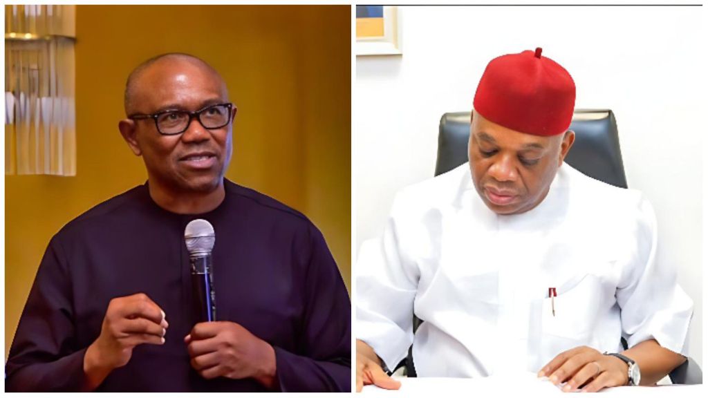 A collage showing Nigerian politicians Peter Obi and Orji Uzor Kalu. On the left, Peter Obi speaks while holding a microphone, dressed in a dark outfit against a yellow background. On the right, Orji Uzor Kalu, wearing a white traditional outfit and a red cap, is seated at a desk writing on a document