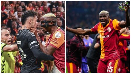 Footballer Victor Osimhen, wearing a black face mask and Galatasaray jersey, is seen confronting an opposing player during a heated moment on the pitch, while another frame shows him celebrating passionately with fans after a match victory.