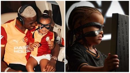 Nigerian footballer Victor Osimhen sits with his daughter on a private jet, both wearing Galatasaray jerseys, while another photo shows the little girl wearing her father’s trademark protective mask and focused on a screen.