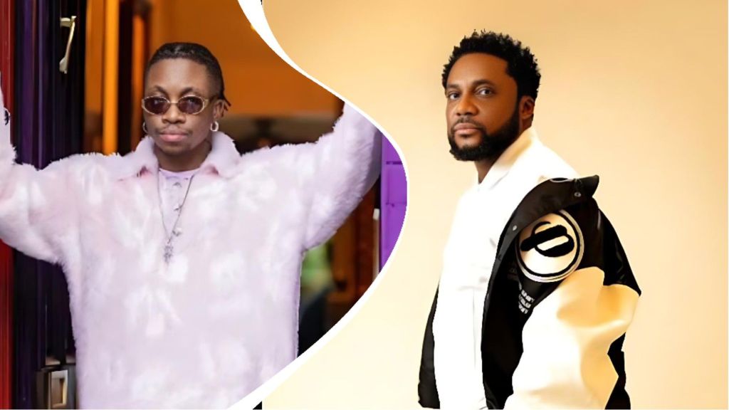 Oxlade and Tim Godfrey pose in separate frames — Oxlade in a pink fuzzy outfit and sunglasses, and Tim Godfrey in a black-and-white jacket — illustrating their new gospel-Afrobeats collaboration.