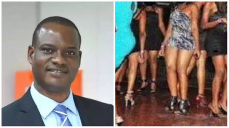 Collage photo showing a man in a suit and tie on the left, and a group of young women in short dresses and heels standing together on the right.