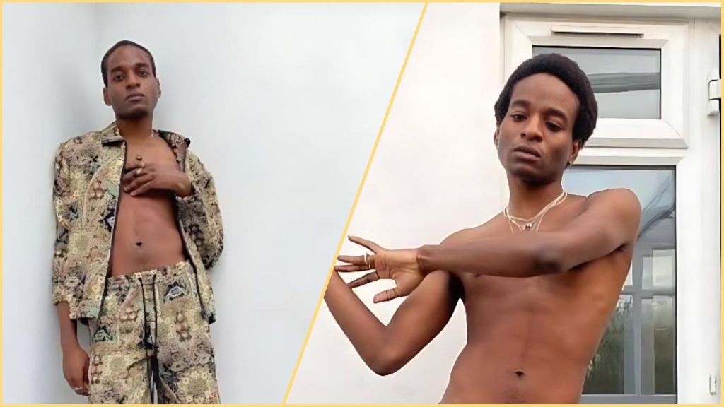 Side-by-side photos of Ozonna, son of Anambra State Governor Charles Soludo, posing shirtless in stylish fashion. The left image shows him wearing patterned trousers with an open matching jacket, while the right image captures him topless with arms raised in a dance-like gesture against a white wall background.