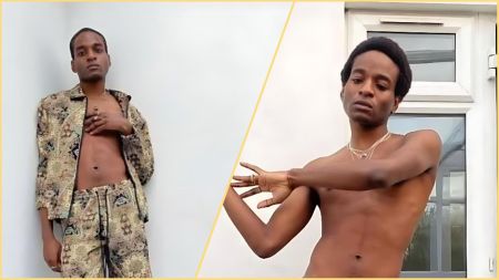 Side-by-side photos of Ozonna, son of Anambra State Governor Charles Soludo, posing shirtless in stylish fashion. The left image shows him wearing patterned trousers with an open matching jacket, while the right image captures him topless with arms raised in a dance-like gesture against a white wall background.
