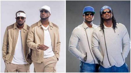 Nigerian music duo P-Square, made up of twin brothers Peter and Paul Okoye, pose together in coordinated beige and white outfits with sunglasses, showcasing their signature matching style and unity.