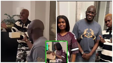 Pastor Tobi Adegboyega poses with Peller and Jarvis during a casual hangout, sharing smiles and gifts.