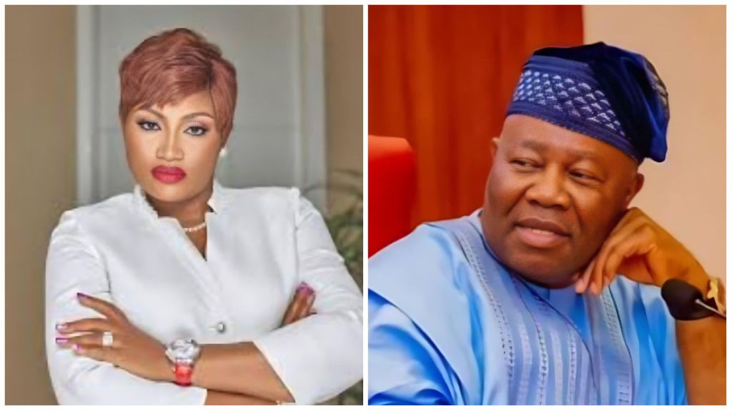 Side-by-side photo showing Pat Akpabio in a white outfit with folded arms and bold red lipstick, and Senate President Godswill Akpabio wearing a blue agbada and cap, looking to his left.