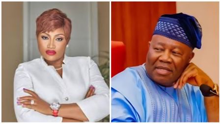 Side-by-side photo showing Pat Akpabio in a white outfit with folded arms and bold red lipstick, and Senate President Godswill Akpabio wearing a blue agbada and cap, looking to his left.