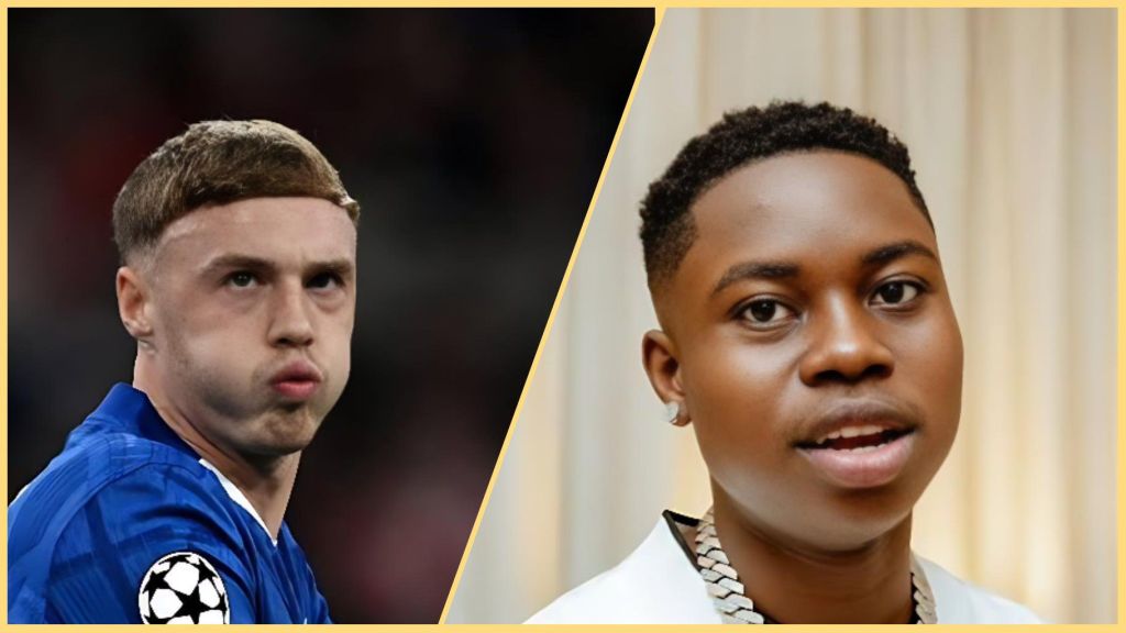 Side-by-side image showing Chelsea footballer in blue jersey on the left and Nigerian TikTok star Peller wearing a white outfit and chain on the right.