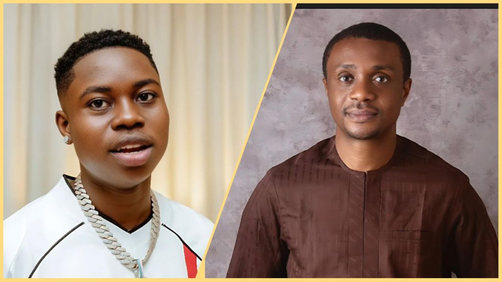 Side-by-side photo collage showing Nigerian TikTok content creator Peller (left) wearing a white outfit with a silver chain, and gospel singer Pastor Nathaniel Bassey (right) in a brown traditional shirt, both posing for portraits.