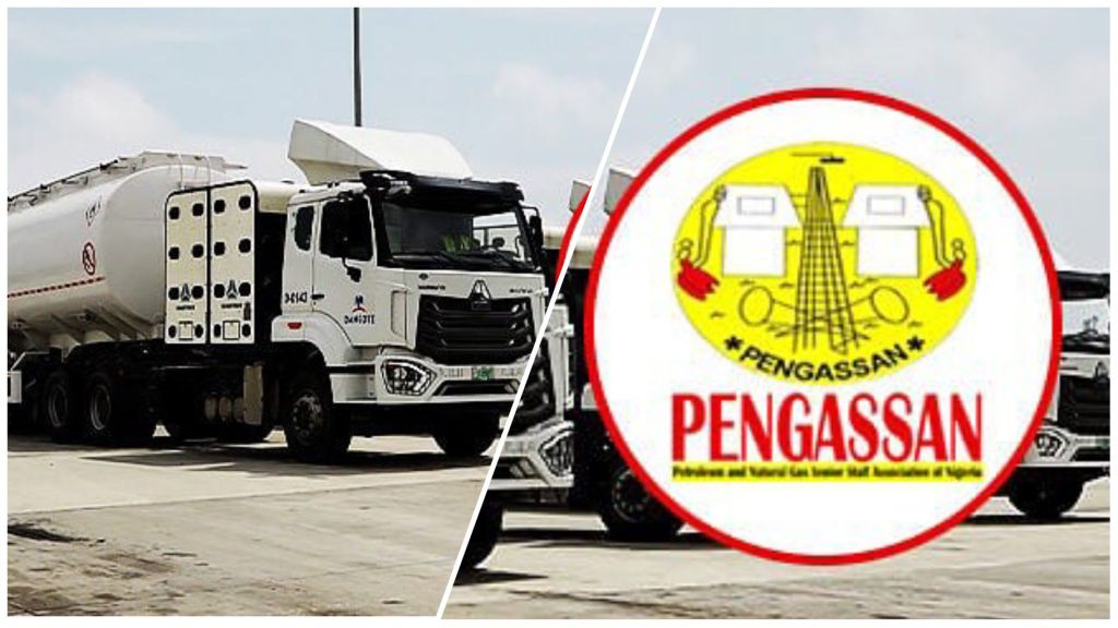 A Dangote Petroleum truck is parked on a road beside the Petroleum and Natural Gas Senior Staff Association of Nigeria (PENGASSAN) logo.