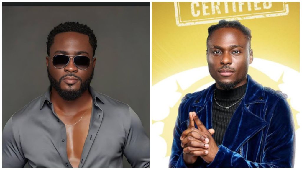 Side-by-side photo of Pere, wearing sunglasses and a grey open shirt, and BBNaija Season 10 housemate Faith in a blue velvet jacket against the official certified backdrop.