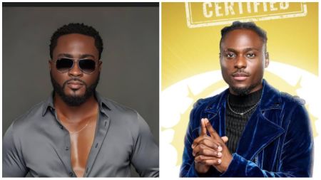 Side-by-side photo of Pere, wearing sunglasses and a grey open shirt, and BBNaija Season 10 housemate Faith in a blue velvet jacket against the official certified backdrop.