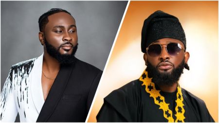 Side-by-side portraits of BBNaija star Pere Egbi and BBA All-Star winner Uti Nwachukwu, both dressed in stylish black outfits and posing confidently against grey and gold backdrops.