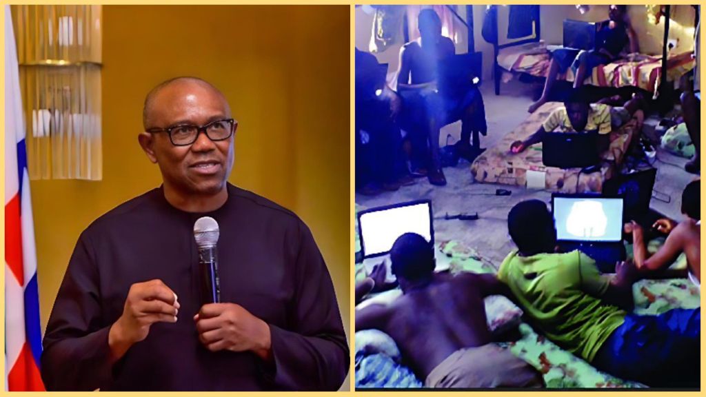 Peter Obi speaking at an event, paired with an image showing a group of young men using laptops in a dimly lit room, symbolising a discussion around cybercrime and youth redirection in Nigeria.