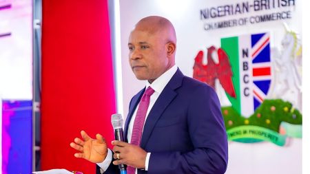 Peter Mbah speaks during an address at the Nigerian-British Chamber of Commerce event, holding a microphone while wearing a navy suit and pink tie.