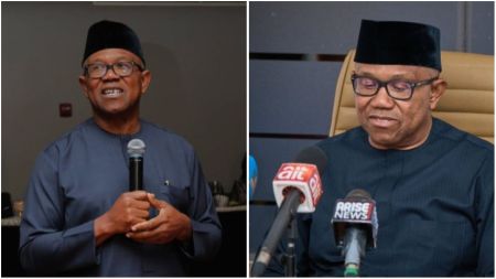 Labour Party presidential candidate Peter Obi is pictured in two shots — first speaking while holding a microphone and smiling, and second seated during a press briefing with microphones from AIT and Arise News placed before him. He wears a dark native outfit and traditional cap in both images.