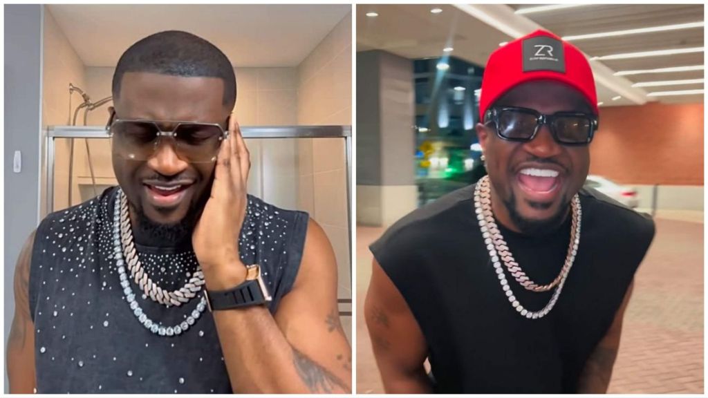Nigerian singer Peter Psquare, also known as Mr P, seen in two different photos — in one, he smiles while touching his face during what appears to be a recording session; in the other, he laughs outdoors wearing a red cap and black outfit with silver chains.