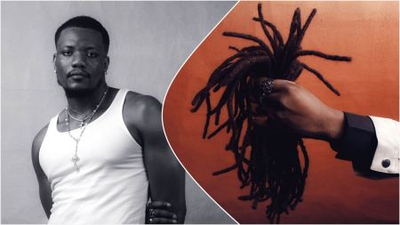 Pheelz poses in a white tank top after cutting off his signature dreadlocks, while a separate frame shows him holding the trimmed locks against an orange background.