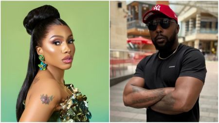 Media personality Radiogod poses outdoors in a black t-shirt, sunglasses, and red cap, while BBNaija star Mercy Eke stuns in a green floral-detailed outfit with bold makeup and statement earrings.