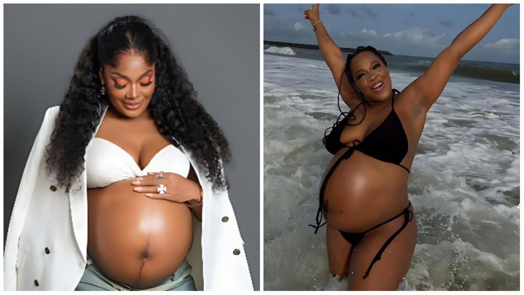 BBNaija star Lucy Edet shows off her baby bump in two stunning maternity photos, one in a white blazer and bra, and another joyfully posing at the beach in a black bikini.