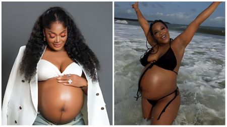 BBNaija star Lucy Edet shows off her baby bump in two stunning maternity photos, one in a white blazer and bra, and another joyfully posing at the beach in a black bikini.