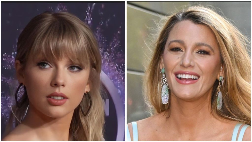 Side-by-side collage of Taylor Swift and Blake Lively. On the left, Taylor Swift looks elegant with soft makeup and hoop earrings against a purple background. On the right, Blake Lively smiles brightly in a light blue outfit with long green gemstone earrings.