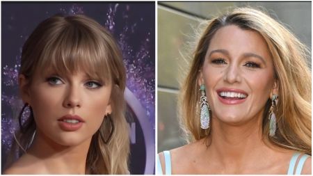 Side-by-side collage of Taylor Swift and Blake Lively. On the left, Taylor Swift looks elegant with soft makeup and hoop earrings against a purple background. On the right, Blake Lively smiles brightly in a light blue outfit with long green gemstone earrings.
