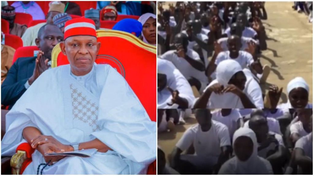 Governor Abba Kabir Yusuf of Kano State sits in a white traditional outfit and red cap at an official event, while a group of young men and women dressed in white uniforms participate in an outdoor programme.