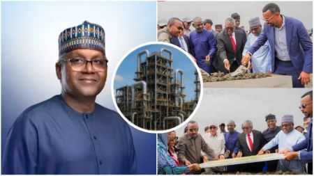 Nigerian billionaire Aliko Dangote is seen in a portrait wearing a blue kaftan and cap, alongside scenes of him and other executives at the groundbreaking ceremony of an industrial facility with refinery structures in the background.