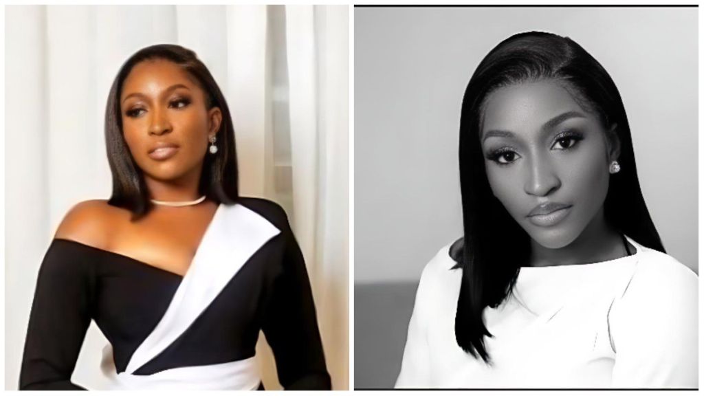 Nigerian actress Sommie Maduagwu poses elegantly in two portrait shots — one in a black-and-white off-shoulder outfit with minimal jewellery, and another monochrome close-up highlighting her sleek hairstyle and poised expression.