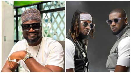 Music executive Jude Okoye smiles in a white traditional outfit and cap, paired with dark sunglasses, while his twin brothers — the iconic duo P-Square — pose in coordinated black and grey outfits with matching sunglasses and bold expressions in a studio-style photo.