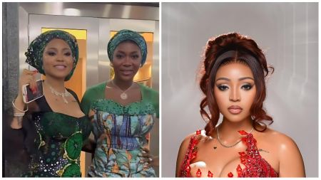 Actress Mercy Johnson and her goddaughter Regina Daniels are pictured together in elegant green aso-ebi outfits, smiling warmly as they pose side by side. Another image shows Regina in a solo portrait wearing a glamorous red embellished gown, exuding confidence and poise.