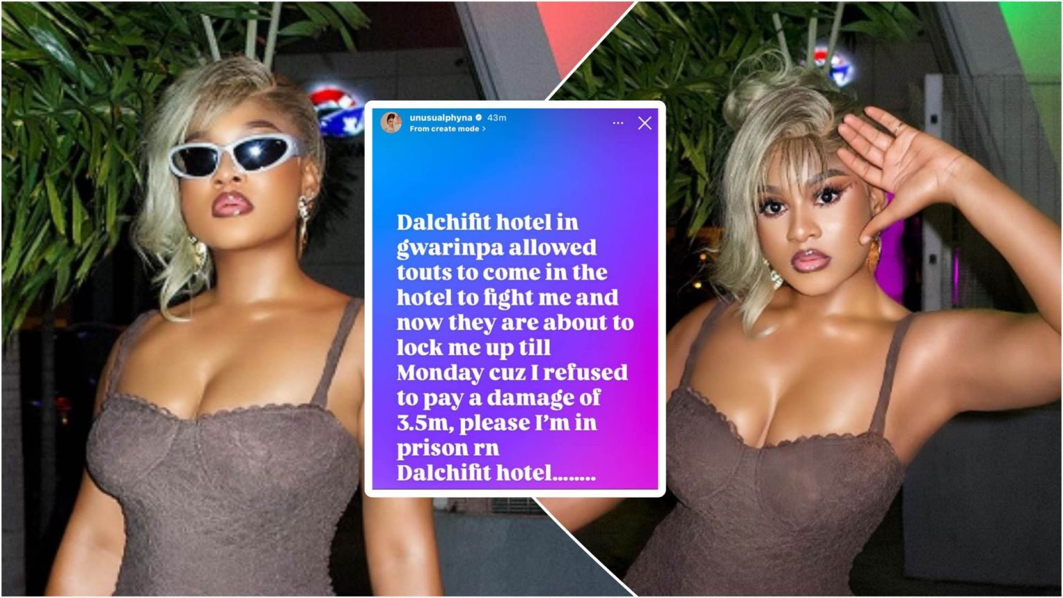 BBNaija star Phyna pictured in a brown corset dress beside a screenshot of her Instagram Story alleging that Dalchifit Hotel in Gwarinpa allowed touts to attack her and now seeks to detain her over a ₦3.5 million damage bill.