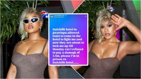 BBNaija star Phyna pictured in a brown corset dress beside a screenshot of her Instagram Story alleging that Dalchifit Hotel in Gwarinpa allowed touts to attack her and now seeks to detain her over a ₦3.5 million damage bill.