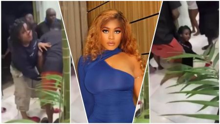 A photo collage showing BBNaija winner Phyna at the centre in a blue one-shoulder dress, alongside two screenshots from a viral hotel video where she appears involved in a physical altercation, with bystanders and hotel staff trying to intervene.