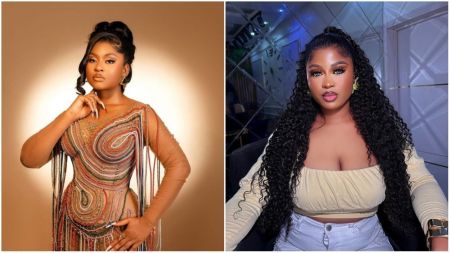 Reality TV star Unusual Phyna poses in a stylish beaded dress against a warm brown background, while BBNaija Season 10 winner Imisioluwa Anyanwale appears in a cream off-shoulder top with long curly hair and glowing makeup.