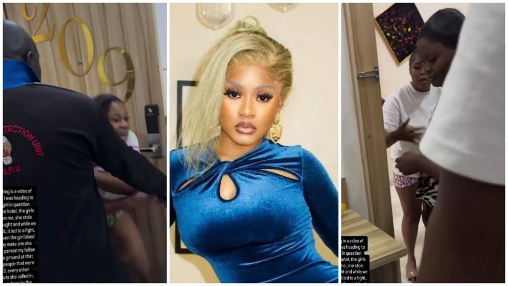 Collage showing three frames from the viral hotel fight video involving BBNaija star Phyna — security personnel intervening outside a hotel room marked “209”, Phyna posing in a blue velvet dress, and two women talking inside a room after the altercation.