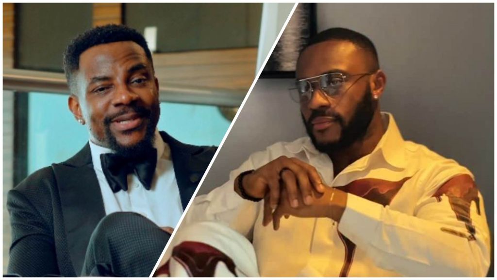 A collage showing Ebuka Obi-Uchendu and Kola. On the left, Ebuka appears in a black tuxedo with a bow tie, smiling slightly while seated indoors. On the right, Kola wears a white shirt with brown patterns and clear eyeglasses, resting his hands together with a composed look.