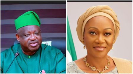 Plateau State Governor Caleb Mutfwang seen speaking during an official engagement, wearing a green traditional outfit and cap, while Nigeria’s First Lady, Senator Oluremi Tinubu, appears in a formal portrait wearing a beige headscarf, gold jewellery, and a light outfit with the Nigerian flag in the background.