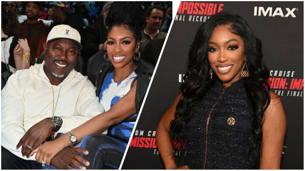Collage showing reality TV star Porsha Williams and her ex-husband Simon Guobadia. On the left, Simon and Porsha are seated together at an event, smiling warmly for the camera, with Simon in a white hoodie and Porsha in a blue-and-white outfit. On the right, Porsha is pictured solo on the red carpet, wearing a sleeveless black outfit and posing with a bright smile.