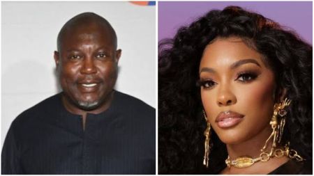 Side-by-side photo of Simon Guobadia and American reality TV star Porsha Williams. Simon is dressed in a black outfit, smiling at the camera, while Porsha wears gold jewellery with her long curly hair styled.