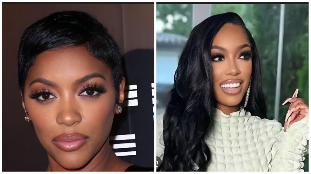 American television star Porsha Williams in two portraits — on the left with a sleek pixie haircut wearing stud earrings, and on the right smiling in a cream textured outfit with long wavy hair.