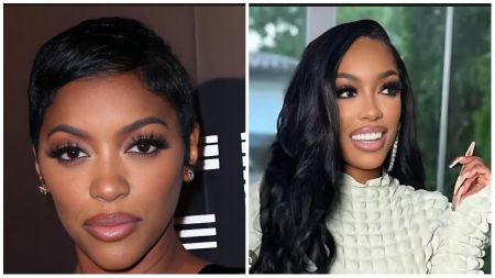 American television star Porsha Williams in two portraits — on the left with a sleek pixie haircut wearing stud earrings, and on the right smiling in a cream textured outfit with long wavy hair.