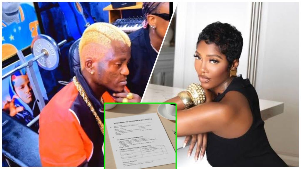 Collage photo showing Nigerian singer Portable on the left and Tiwa Savage on the right, with a mock “Application to Marry Tiwa Savage” form placed in the centre foreground. Portable appears seated in a music studio wearing a red jacket, while Tiwa poses elegantly in a sleeveless black outfit