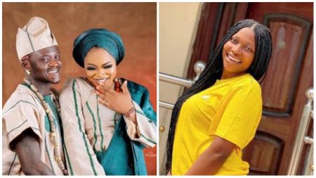 Nigerian singer Portable smiles alongside his wife Bewaji in a traditional Yoruba outfit during a photoshoot, both dressed in matching cream and green attire. The second image shows his baby mama Ashabi wearing a bright yellow top, smiling outdoors near a house entrance
