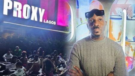 Pretty Mike and arrested clubgoers sitting outside Proxy Lagos nightclub after NDLEA raid