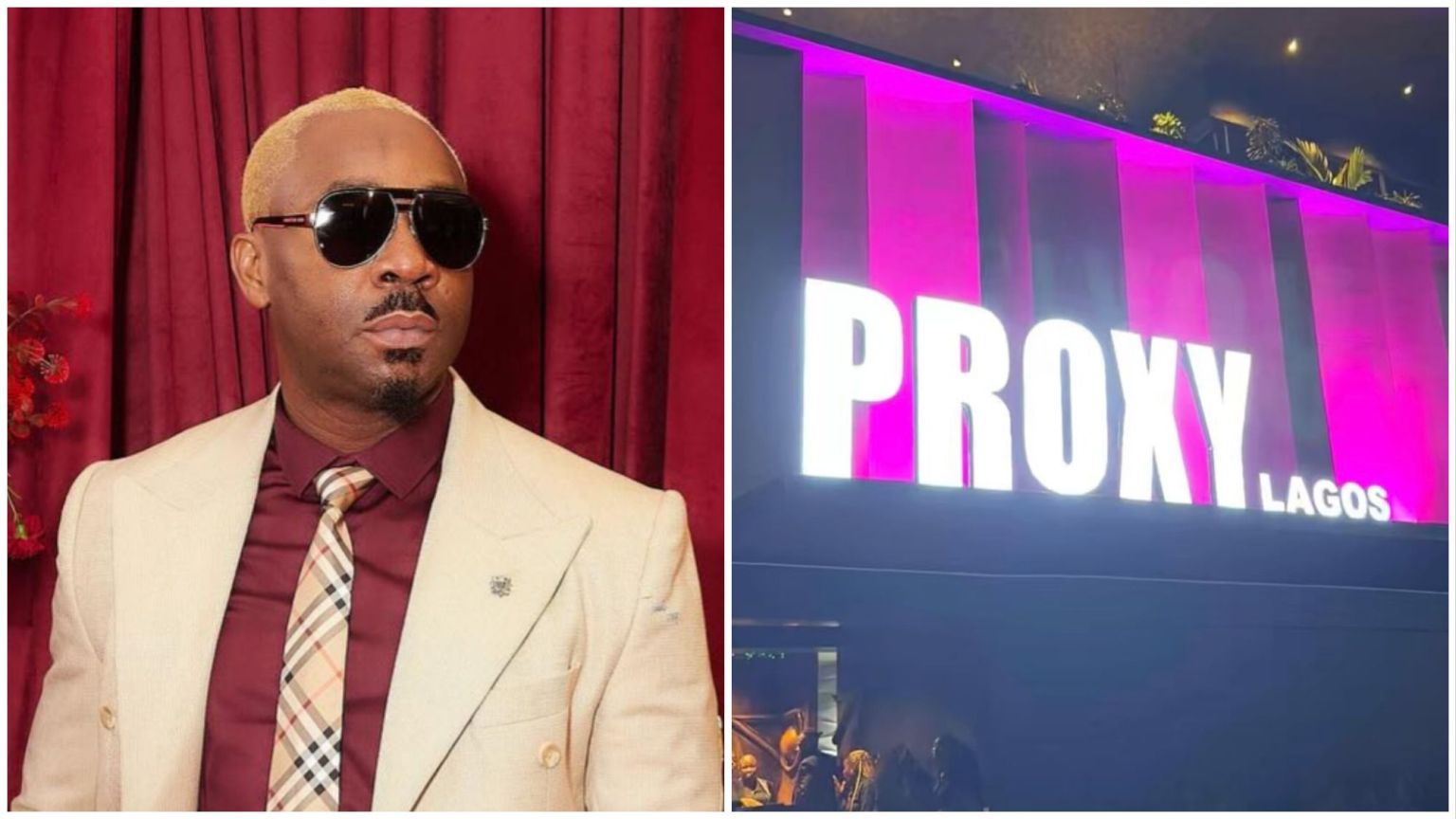 Side-by-side collage showing Lagos socialite Pretty Mike wearing a cream suit, burgundy shirt and sunglasses beside a bright exterior view of Proxy Lagos nightclub illuminated with pink and white lights.