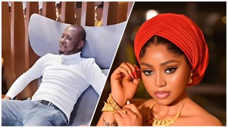 Side-by-side collage showing Prince Kpokpogri seated in a white turtleneck and jeans on the left, and actress Regina Daniels posing in a red headwrap and gold accessories on the right.